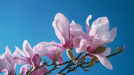 Fototapeta premium Blooming pink magnolia in the blue sky. Spring. Garden. A beautiful flowering, flowering tree. beautiful blooming branch of magnolia in spring - magnolia flower. Spring flowering. generative ai