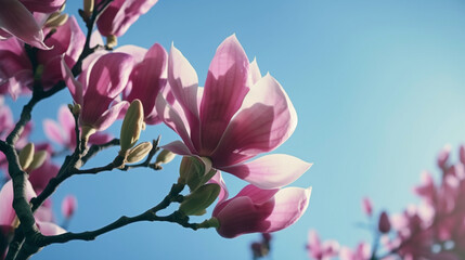 Fototapeta premium Blooming pink magnolia in the blue sky. Spring. Garden. A beautiful flowering, flowering tree. beautiful blooming branch of magnolia in spring - magnolia flower. Spring flowering. generative ai