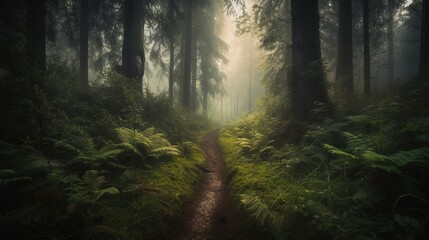 Fototapeta premium Foggy path through the forest ,Sunset in a dark forest with rays of light passing through the trees.Generative Ai