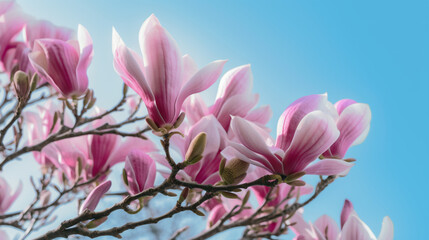 Blooming pink magnolia in the blue sky. Spring. Garden. A beautiful flowering, flowering tree. beautiful blooming branch of magnolia in spring - magnolia flower. Spring flowering. generative ai