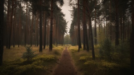 Naklejka premium Foggy path through the forest ,Sunset in a dark forest with rays of light passing through the trees.Generative Ai