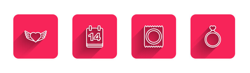 Set line Heart with wings, Calendar February 14, Condom package and Wedding rings with long shadow. Red square button. Vector