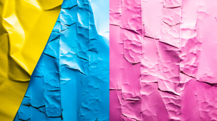 Blue, yellow, pink and silver duotone crumbeld aluminium tin can foil (AI generated)