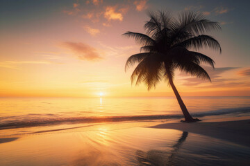 Fototapeta na wymiar A desktop wallpaper of a bright and colorful sunrise over a calm beach with a lone palm tree in the foreground - Generative AI