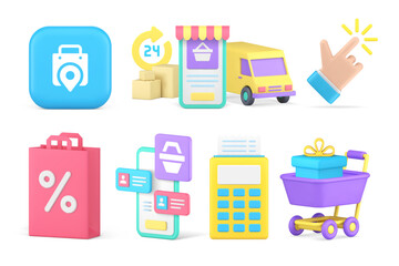 Shop store internet shopping retail commercial cyberspace technology set 3d icon realistic vector