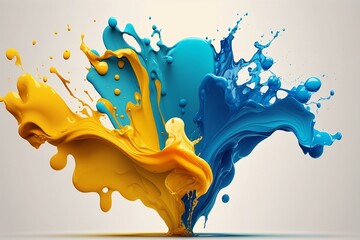 Close-up blue and yellow paint splash isolated on white background. Generative AI