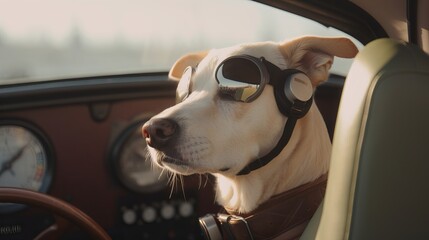 Dog Driving Small Car With Pilot's Glasses - Generative AI