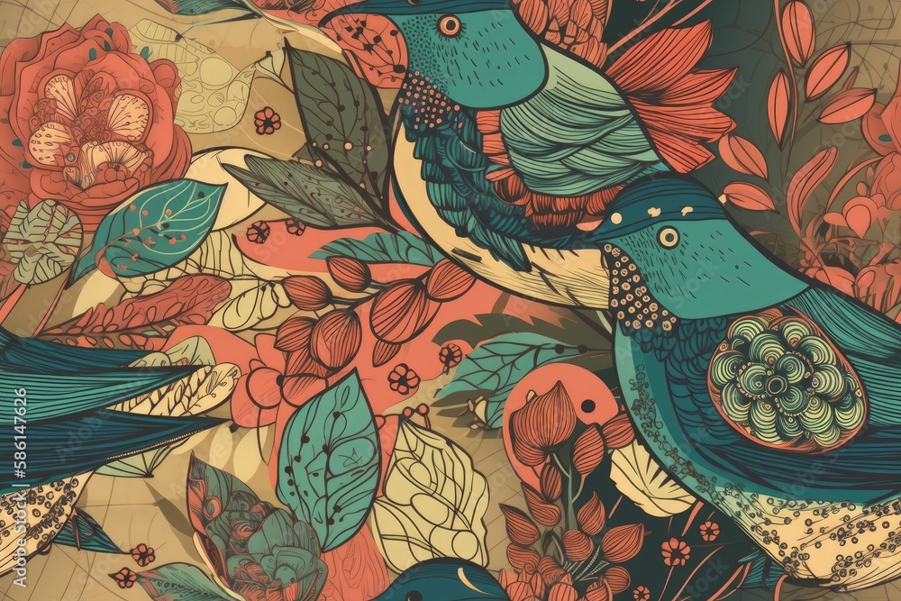 Poster illustration of two birds perched on a tree branch created with generative ai technology