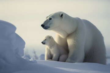 Obraz na płótnie Canvas A baby polar bear cuddling with its mother on a snowy landscape - Generative AI