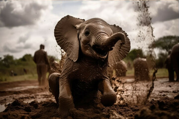 Naklejka na ściany i meble A baby elephant playing in the mud, its trunk reaching up to the sky in joy - Generative AI