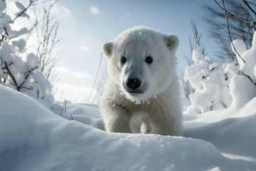 Obraz na płótnie Canvas A baby polar bear playing in the snow, its white fur blending into the winter landscape - Generative AI