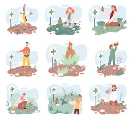 Homeopathy and herbal remedies set. Medical research laboratory diagnostics. Homeopathic treatment and phytotherapy. Traditional herb recipes of alternative medicine. Medicine pharmacy. Herbal pills