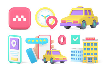 Taxi order urban transportation smartphone application automobile carrier set 3d icon vector