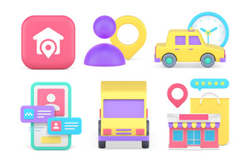 Yellow taxi cab order online shopping delivery smartphone application set 3d icon realistic vector