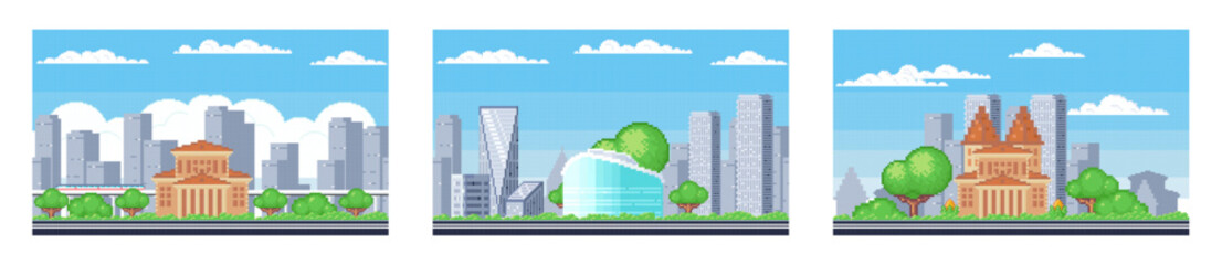 Pixel art landscape. Urban street view, 8 bit city park road, with background buildings and apartments in pixel art, pixel cityscape. Pixelated scene, pixelation gaming playing level, 8 bit city