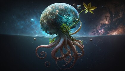 Octopus Devouring the World as a Colorful Cartoon Scene of Cosmic Gluttony Generated by AI