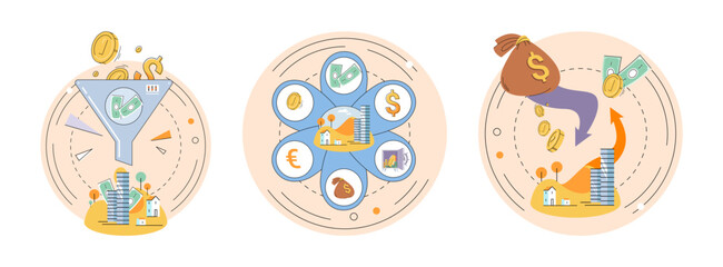 Financial plan or budget planning. Yearly expense management, deposits, tax payments. Person analyzes profit weighing earnings on scales, income and expenses money. Banking safety, profit increase
