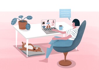 Woman with dog working in home office on a laptop having a zoom call with colleagues - Girl Boss