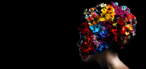 Mental health day, female head made of colorful flowers. Fictional person created with generative AI.