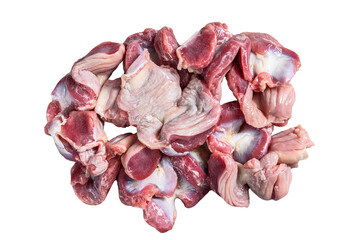 Raw uncooked chicken gizzards, stomach.  Isolated, transparent background.