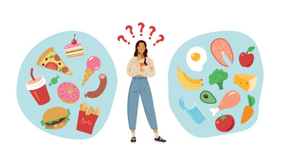 The concept of choosing between healthy eating and fast food. A young girl makes chooses a diet, sweet and fatty food versus natural organic foods. Colored flat vector illustration isolated on white