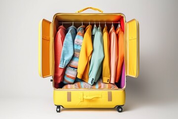 Yellow suitcase on wheels for tourism, travel. Multi-colored clothes on hangers, hangers. AI generated.