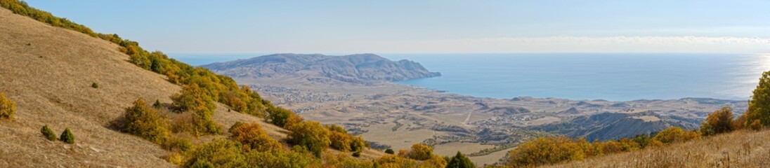 Panorama from Ai-Georgiy towards Meganom and Kara Dag Mountain, Crimea.