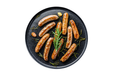Grilled sausages with rosemary herbs, beef and pork meat.  Isolated, transparent background.