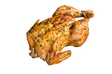 Homemade whole baked chicken rotisserie with thyme.   Isolated, transparent background.