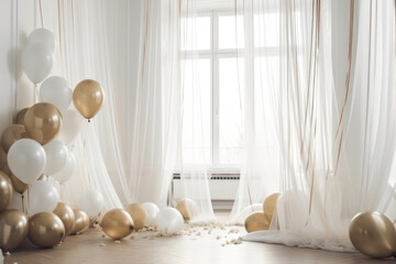 Fototapeta na wymiar Gold and white balloon on white room with curtain background. generative ai.