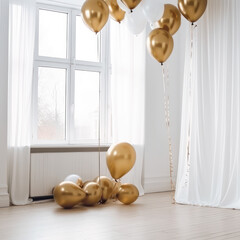 Gold and white balloon on white  room with curtain background. generative ai.