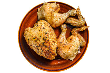 Butchered  baked chicken on wooden table.   Isolated, transparent background.