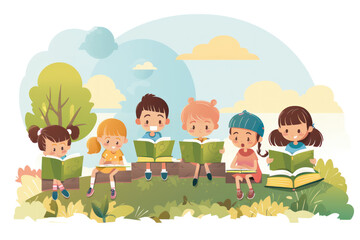 Group of children read books outdoors and smile. Generative ai.