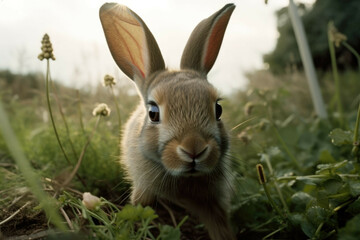 Fototapeta na wymiar A baby rabbit hopping across a meadow, its nose twitching and its ears perked up - Generative AI