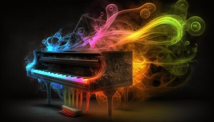 Melody of Color with a Close-up of a Multi-Tonal Grand Piano with Harmonious Waves of Music Generated by AI