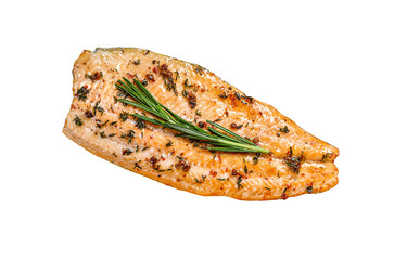 Baked trout fillet on a cutting board.  Isolated, transparent background.