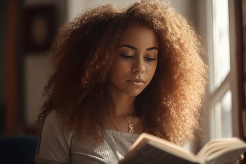 Beautiful woman is reading a book in cozy room. Generative ai.