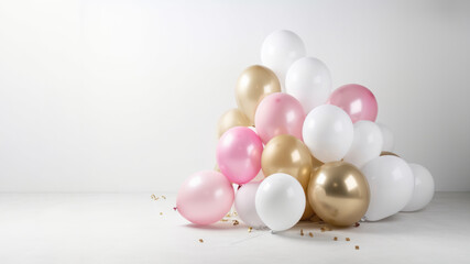 Pink gold and white balloon on white background with copy space. generative ai.
