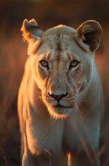 Obraz na płótnie Canvas Portrait of a majestic white lioness in savanna under sunlight. Generative AI.