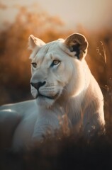 Fototapeta premium Portrait of a rare white lioness in savanna under sunlight. Generative AI.