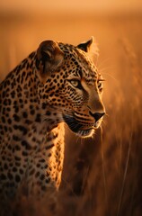 Portrait of a leopard in savannah at sunset. Generative AI.