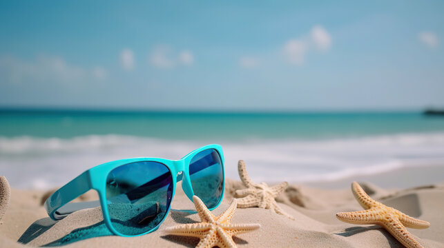 Sunglasses and starfish on the beach, Generative AI