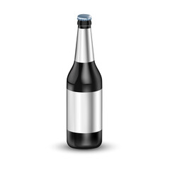 Vector illustration of beer bottle on white color background with shadow, label and cap. 3d style design of beer bottle