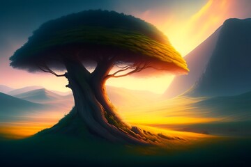 Rendering of The Glowing Old Tree and the Vast Landscape. Generative AI. 