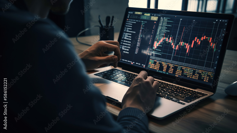 Poster side view of a man using a laptop and analyzing stock market data. generative ai