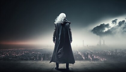 Conquering the Storm with a Fictional Man in a Suit Braving the Elements on a Rooftop Generated by AI