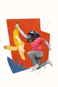 Photo of jumping gorilla head unusual monkey animal man hold banana peel healthy nutrition calories isolated on red painted background