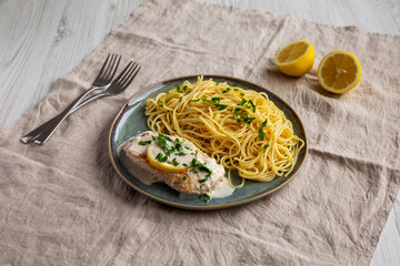 Homemade Creamy Lemon Chicken in a Pan, side view.