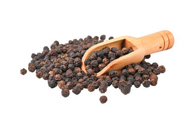 black pepper in wooden scoop on transparent png