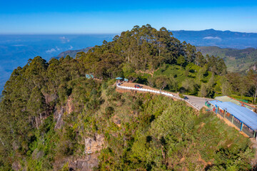 Aerial view of Lipton's seat viewpoint and adjacent tea plantations at Sri Lanka